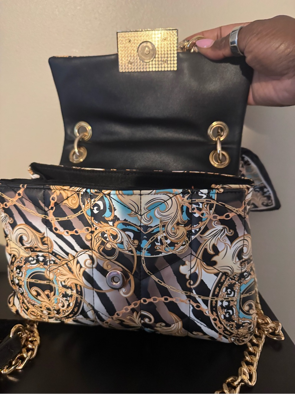 Printed Chain-Handle Shoulder Bag in Black & Gold - Picture 2 of 5